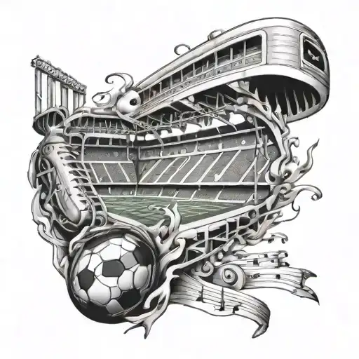 A sleeve tattoo featuring a football stadium filled with fans, with music notes and gaming symbols intertwined tattoo design idea