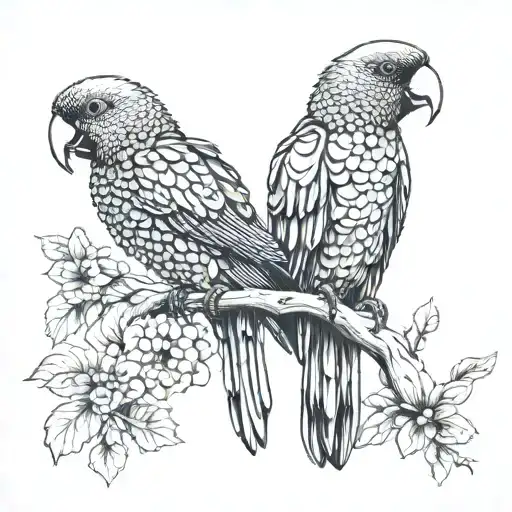  Make me a sleeve tattoo for men with a Pionus parrot and a crow sitting on a branch looking into the sky at the pleiade tattoo design idea