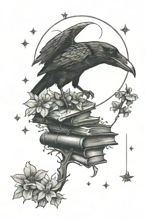 crow, books, moon, mushrooms, wildflowers tattoo design idea