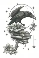 crow, books, moon, mushrooms, wildflowers tattoo design idea
