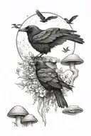 crow, books, moon, mushrooms, wildflowers tattoo design idea