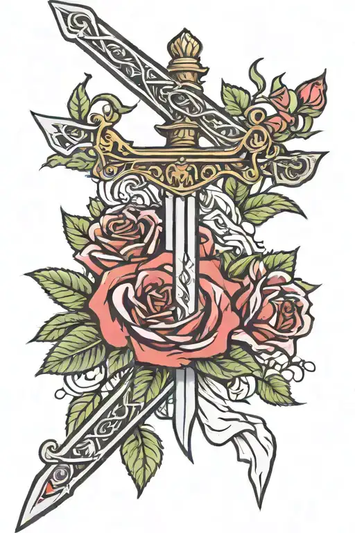 sword that has a crown of thorns around the hilt, roses entwined on it and inscribed on the blade "redempti sum" tattoo design idea