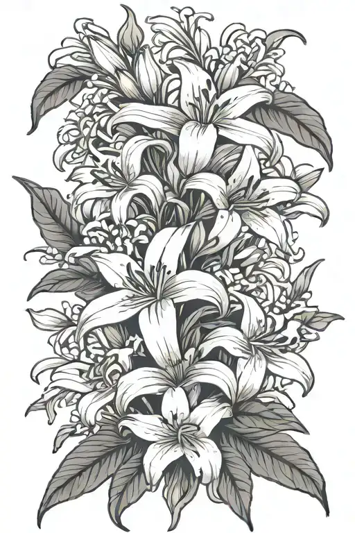 Linework, white lily's and jasmine flowers intertwined, on vine together, thin, no shading, simple tattoo design idea