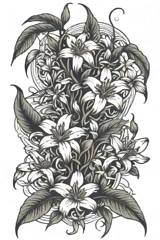 Linework, white lily's and jasmine flowers intertwined, on vine together tattoo design idea
