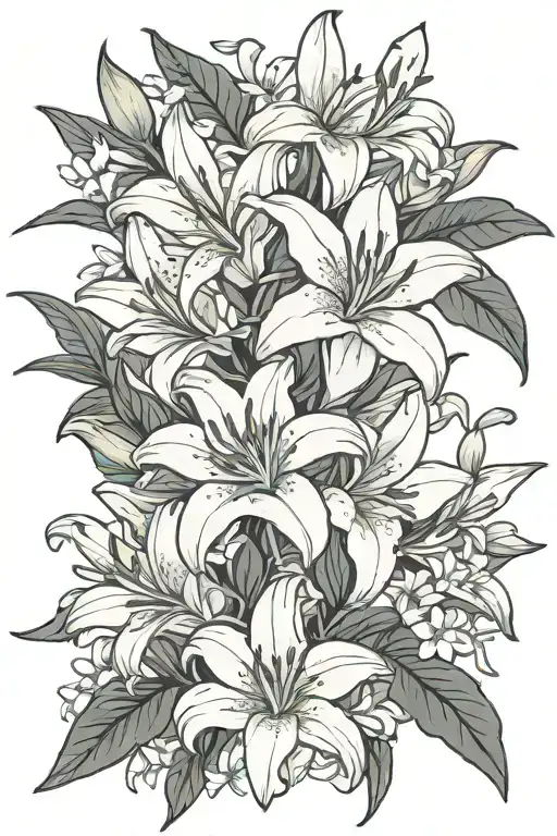 simple outline, white lily and jasmine flowers intertwined, little detail, not complex, no leaves tattoo design idea