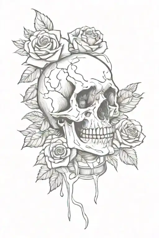 skull, whiskey bottle and roses intertwined tattoo design idea