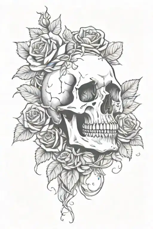 skull, whiskey bottle and roses intertwined tattoo design idea