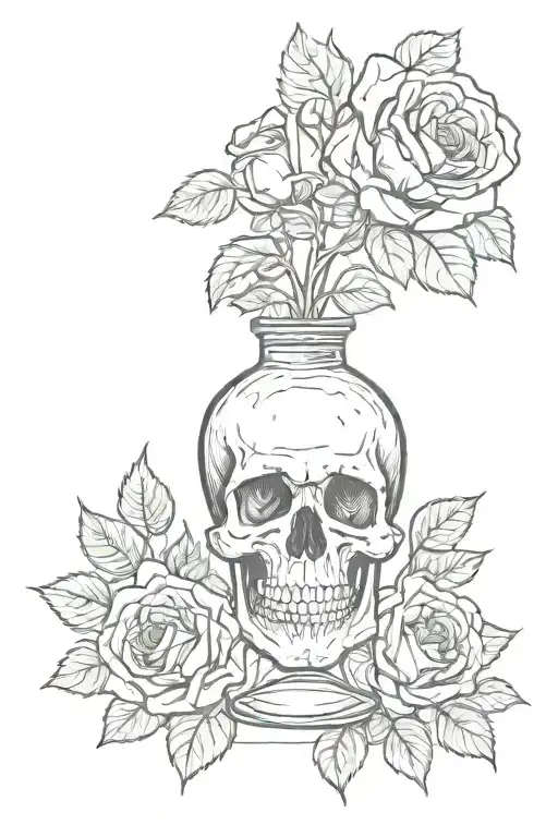 skull, whiskey bottle and roses  tattoo design idea