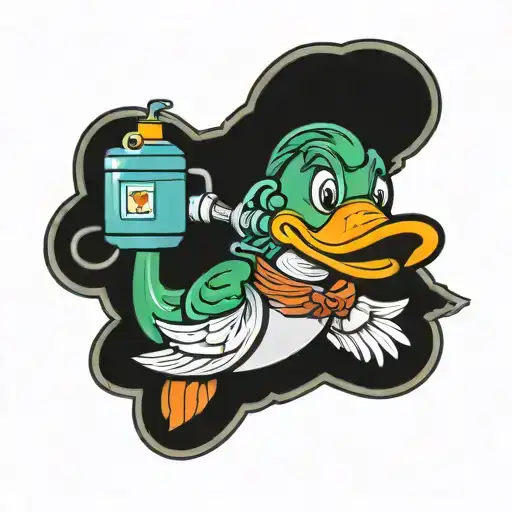 cartoon  mallard duck wearing a snorkel and oxygen tank on  back tattoo design idea
