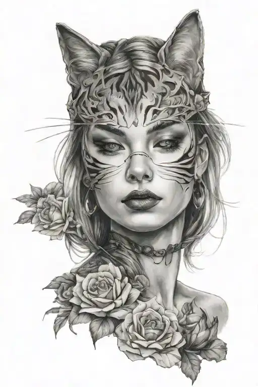 cat girl face closed eyes tattoo design idea