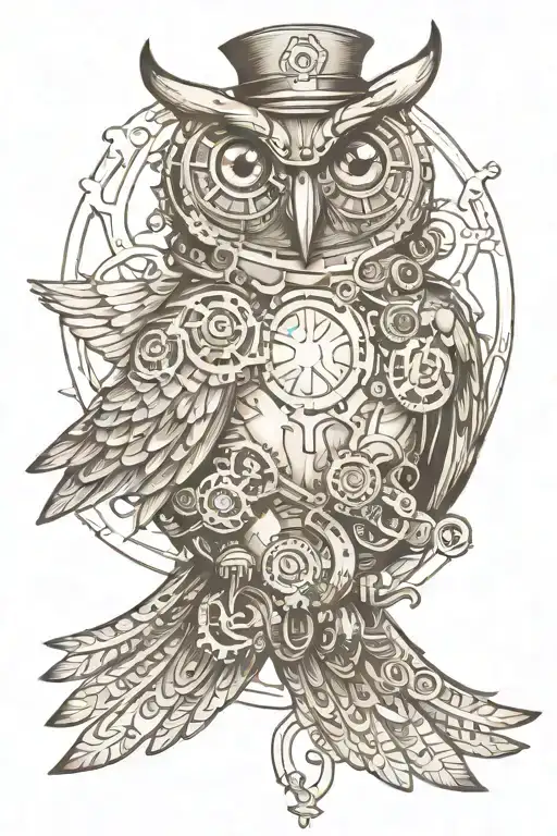 steampunk owl flying tattoo design idea