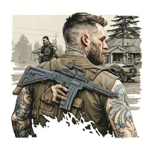 Killa from tarkov looking back over his shoulder tattoo design idea