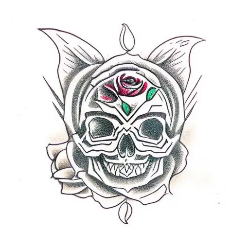  skull, roses and owl, partly color tattoo design idea
