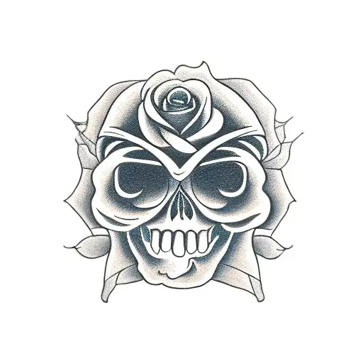 A gold skull, red rose and color owl which all are partly black and Grey tattoo design idea