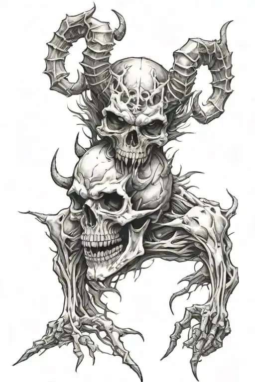grunge tattoo of a demon skull on a forearm, black and gray tattoo design idea