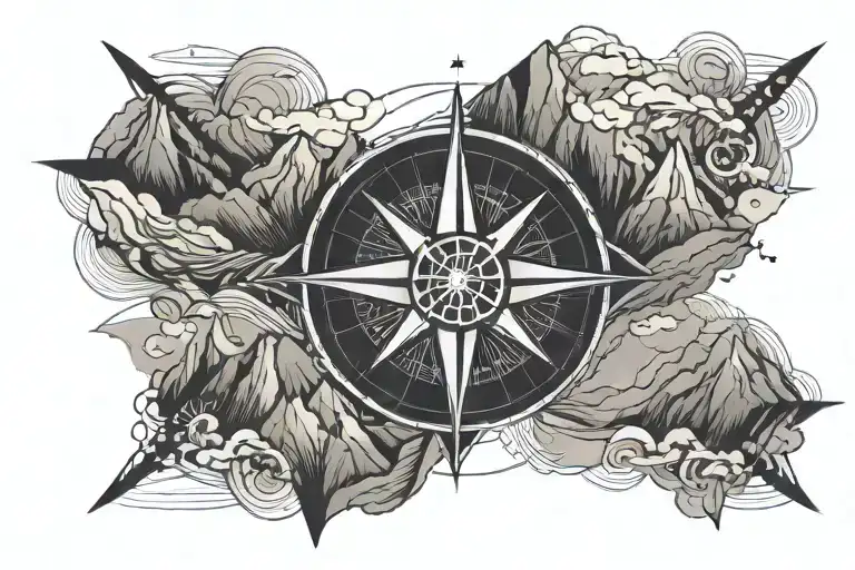 compass mountain plane flying in the sky tattoo design idea