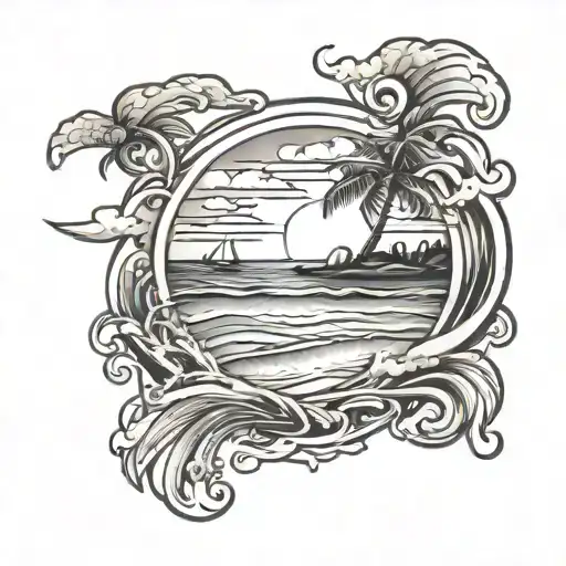 I want a tattoo of a beach where on the beach is written “this too shall pass” and there are waves that are getting clos tattoo design idea