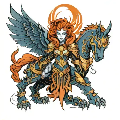 warrior with flame-like hair, sapphire eyes, pretty armor. Her fiery orange and gold aura reflects her blend of strenth tattoo design idea