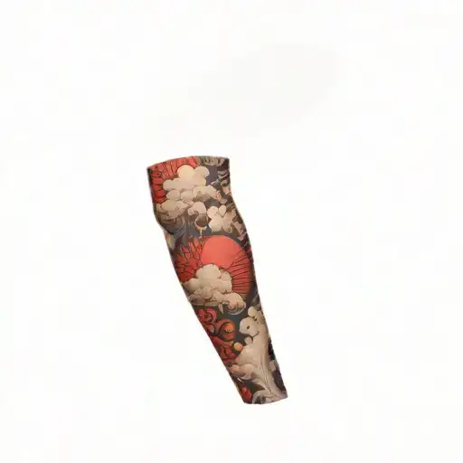 clouds on a sleeve with a red Japanese sun tattoo design idea