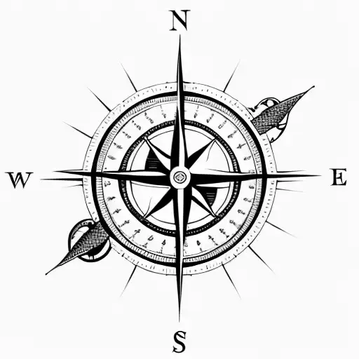 A compass with a shattered arrow, surrounded by waves, in the center of the compass, with a bright and shining sun tattoo design idea