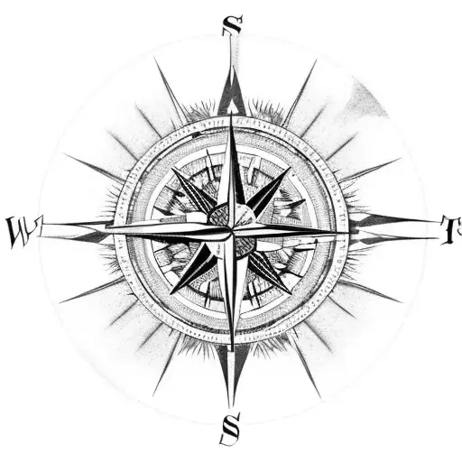 A compass with a shattered arrow, surrounded by waves, in the center of the compass, with a bright and shining sun tattoo design idea