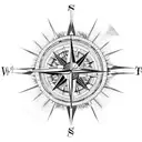 A compass with a shattered arrow, surrounded by waves, in the center of the compass, with a bright and shining sun tattoo design idea