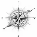 A compass with a shattered arrow, surrounded by waves, in the center of the compass, with a bright and shining sun tattoo design idea