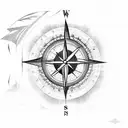 A compass with a shattered arrow, surrounded by waves, in the center of the compass, with a bright and shining sun tattoo design idea