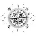 A compass with a shattered arrow, surrounded by waves, in the center of the compass, with a bright and shining sun tattoo design idea