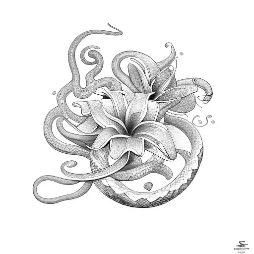snake swirling over lily surrounded by butterflies  tattoo design idea
