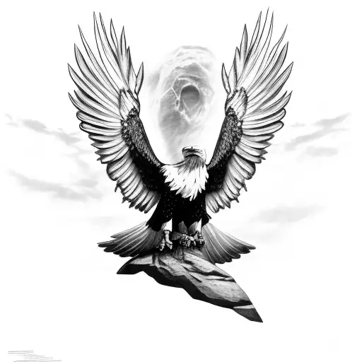 Eagle seated in a rock with its big wings open, no background tattoo design idea