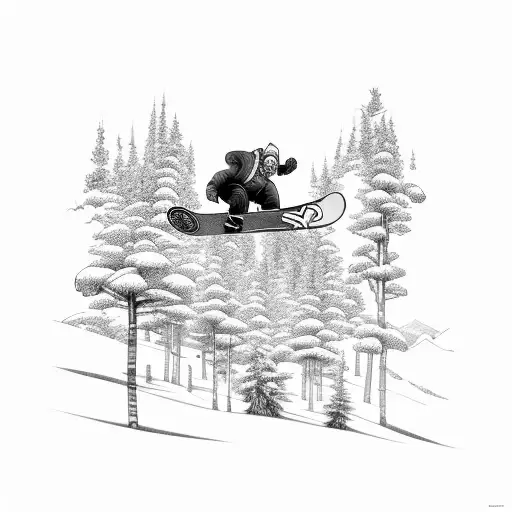 A snowboarder carving through a forest of towering trees, with a dragon ball z character cheering them on tattoo design idea