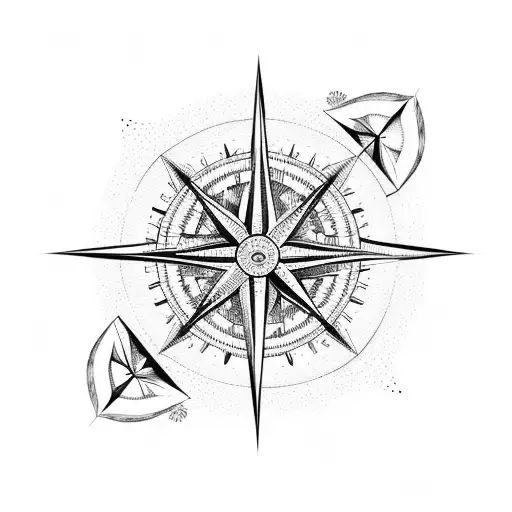 lower half of a compass with an illustration of the sea, palms and mountains  tattoo design idea