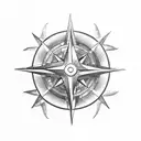 lower half of a compass with an illustration of the sea, palms and mountains  tattoo design idea