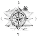lower half of a compass with an illustration of the sea, palms and mountains  tattoo design idea