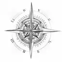 lower half of a compass with an illustration of the sea, palms and mountains  tattoo design idea