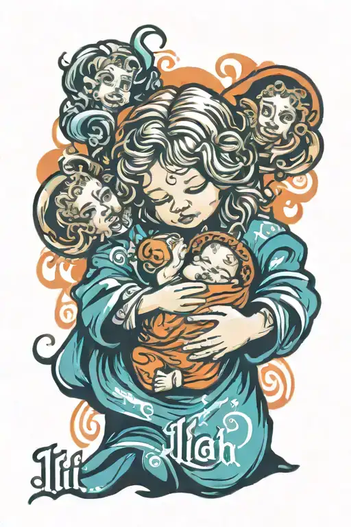 Lettering "Lilah" with Baby in Jesus in his hands tattoo design idea