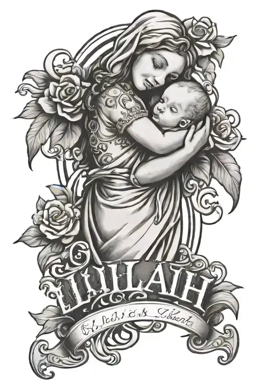 Lettering "Lilah" with Baby in Jesus's hands tattoo design idea