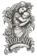 Lettering "Lilah" with Baby in Jesus's hands tattoo design idea