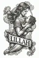 Lettering "Lilah" with Baby in Jesus's hands tattoo design idea