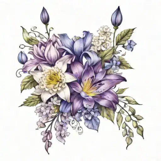 violet, iris, larkspur, water lily and chrysanthemum bouquet tattoo design idea