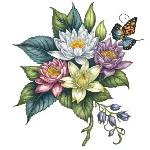 water lily, larkspur, violet, iris and chrysanthemum bouquet tattoo design idea