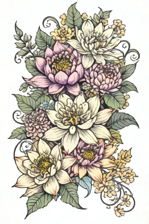 water lily, larkspur, violet, iris and chrysanthemum bouquet tattoo design idea