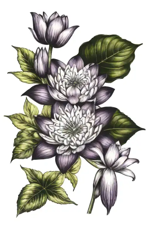 water lily, larkspur, violet, iris and chrysanthemum bouquet tattoo design idea