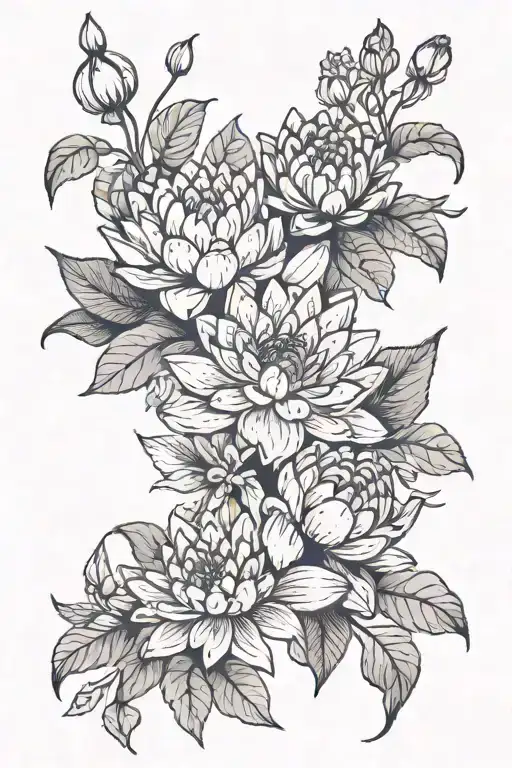 water lily, larkspur, violet, iris and chrysanthemum bouquet tattoo design idea