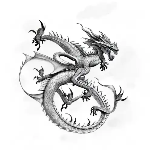  "Dragons in motion: one ascending, the other descending, tracing a dance in the sky." tattoo design idea