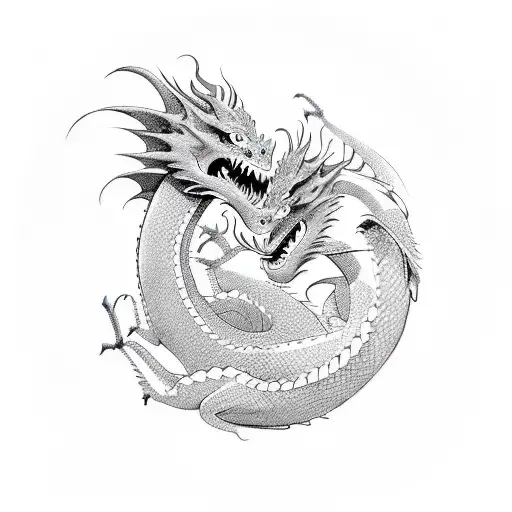  "Dragons in motion: one ascending, the other descending, tracing a dance in the sky." tattoo design idea
