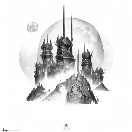 dark fantasy knights moon desert stars tattoo design idea