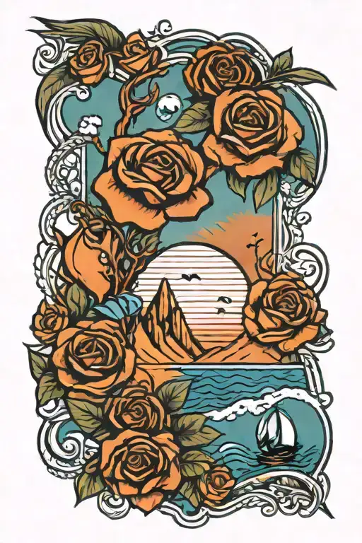 half sleeve tattoo featuring ocean, mountain, and desert features with roses.  tattoo design idea