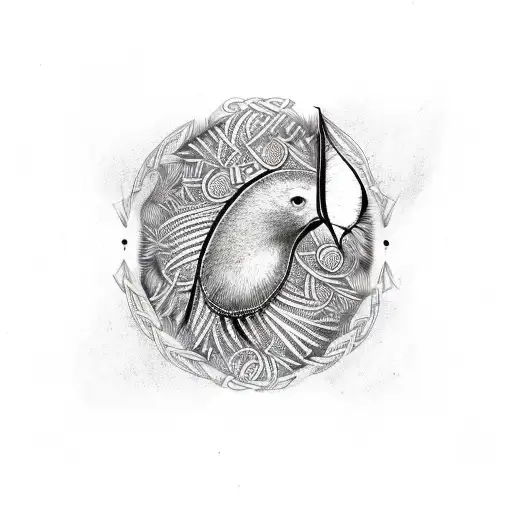 Kiwi Feather with Celtic Pattern and words that say "Easy Come, Easy Go" tattoo design idea